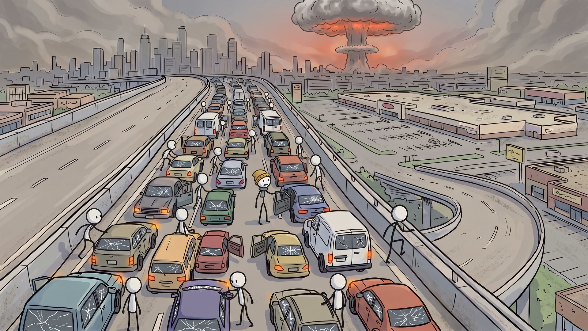 A motorway full of stopped cars with a mushroom cloud over the city behind it.