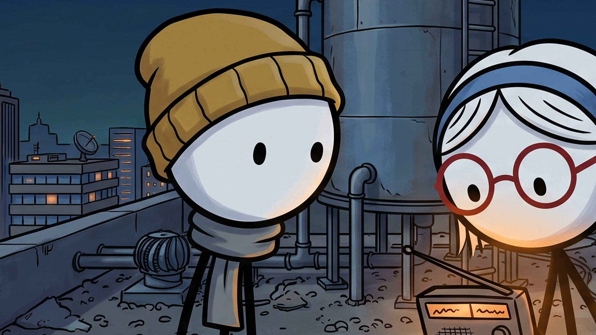 Close up: a stick figure in a yellow beanie and an older woman with red glasses lean over a small radio on a roof at night.