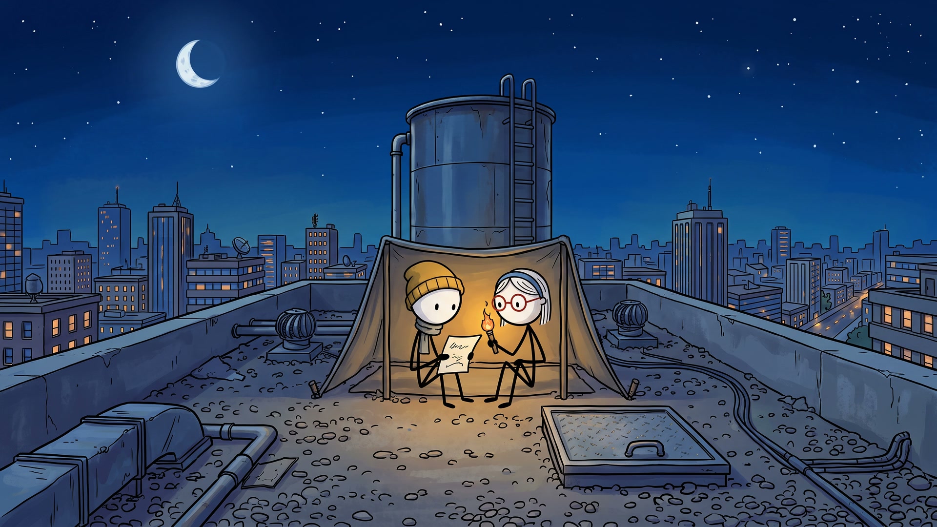 Two stick figures read by lamplight in a small tent on a roof, the dark city behind them.